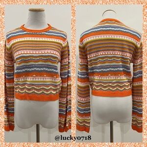 Vici Lush NWOT Orange Multi Stripe Knit Long Sleeve Crop Sweater Sz S